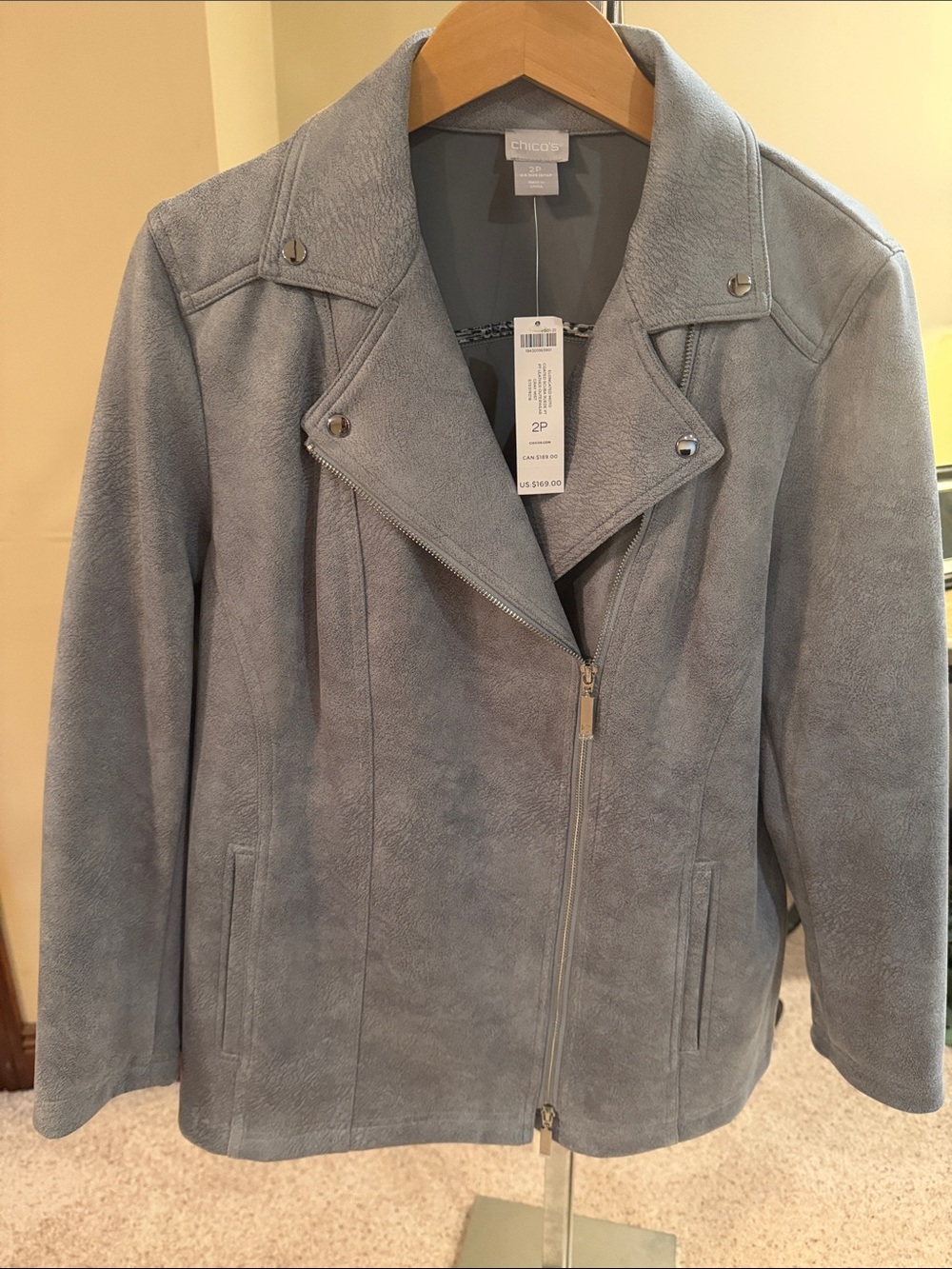 Chico's Women's Light Blue Suede-Effect Moto Jacket